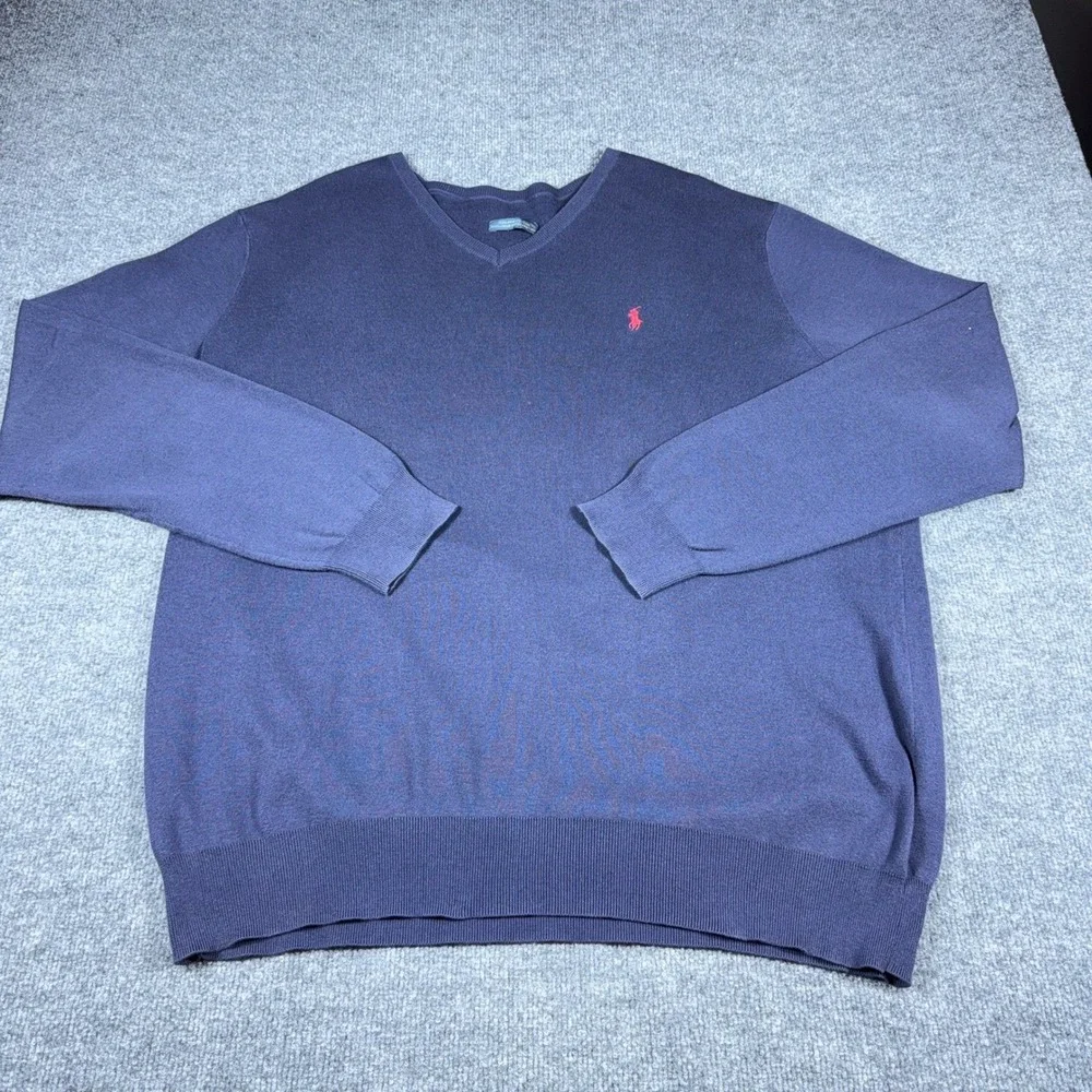 Polo Ralph Lauren Mens Navy Blue 100% Pima Cotton V-Neck Sweater Logo XL